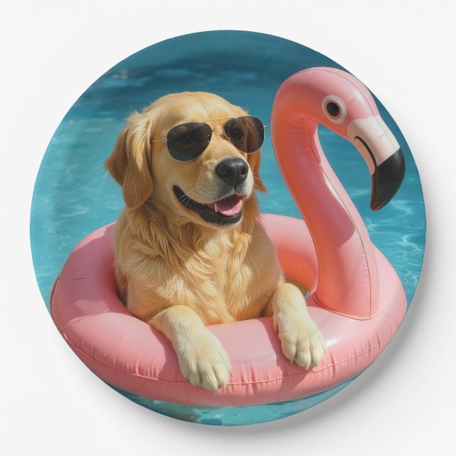 Golden Retriever Floating On a Flamingo Pool Toy Paper Plate (Front)