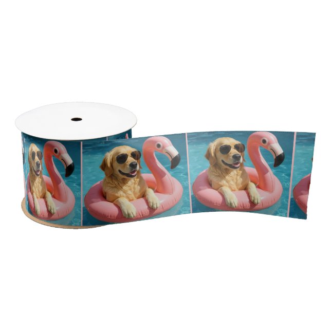 Golden Retriever Floating On a Flamingo Pool Toy Satin Ribbon (Spool)