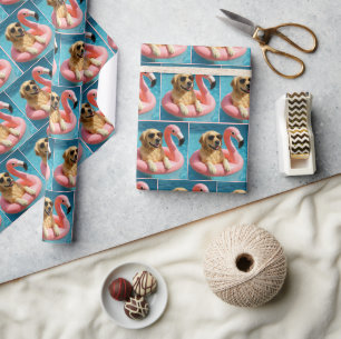 Golden Retriever Floating On a Flamingo Pool Toy Wrapping Paper