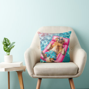 Golden Retriever Floating On Pool Mattress Cushion