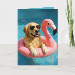 Golden Retriever Floating With a Flamingo Birthday Card