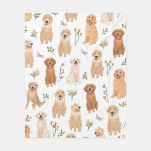 Golden Retriever Floral Pattern Cute Dog & Wildf Fleece Blanket