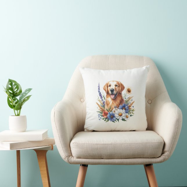 Golden Retriever Floral Throw Pillow (Chair)