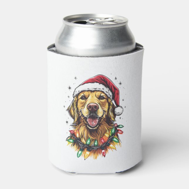 Golden Retriever Funny dog Christmas Santa Hat lig Can Cooler (Can Front)