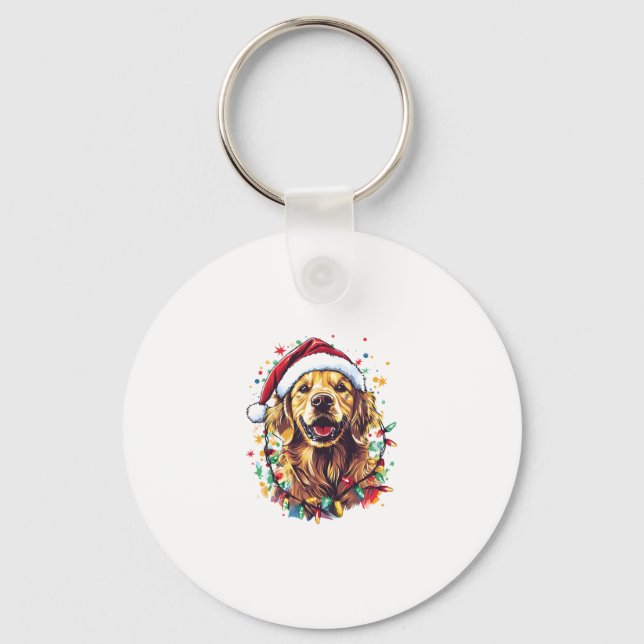 Golden Retriever Funny dog Christmas Santa Hat lig Key Ring (Front)