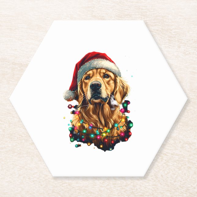 Golden Retriever Funny dog Christmas Santa Hat lig Paper Coaster (Front)