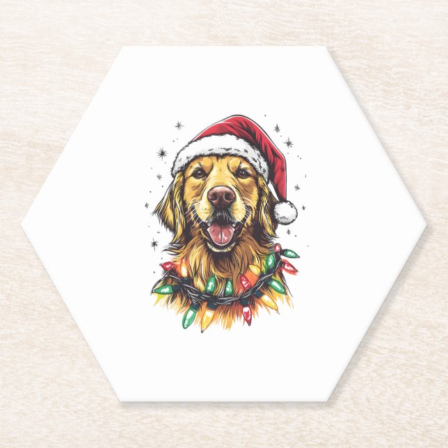 Golden Retriever Funny dog Christmas Santa Hat lig Paper Coaster (Front)
