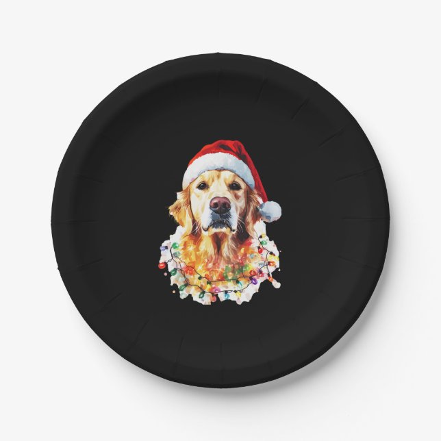 Golden Retriever Funny dog Christmas Santa Hat lig Paper Plate (Front)