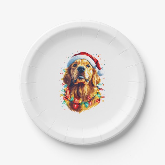 Golden Retriever Funny dog Christmas Santa Hat lig Paper Plate (Front)