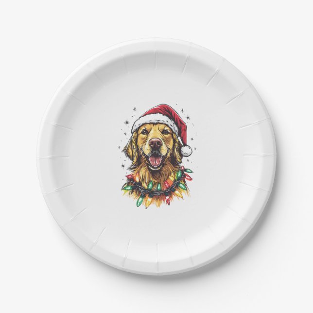 Golden Retriever Funny dog Christmas Santa Hat lig Paper Plate (Front)