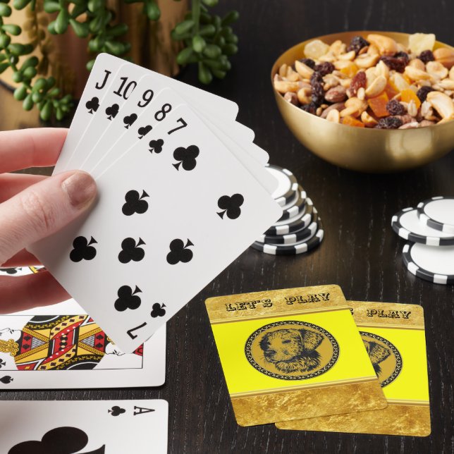 Golden retriever gold frame with gold foil texture playing cards (In Situ)