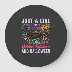 Golden Retriever Halloween Girl Pumpkin Dog Design Large Clock