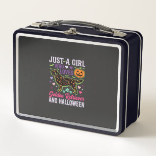 Golden Retriever Halloween Girl Pumpkin Dog Design Metal Lunch Box