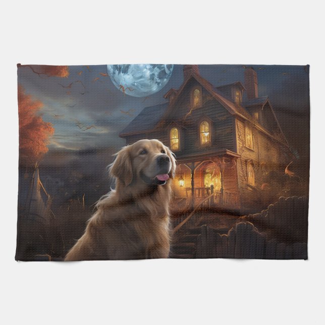 Golden Retriever Halloween Scary Tea Towel (Horizontal)