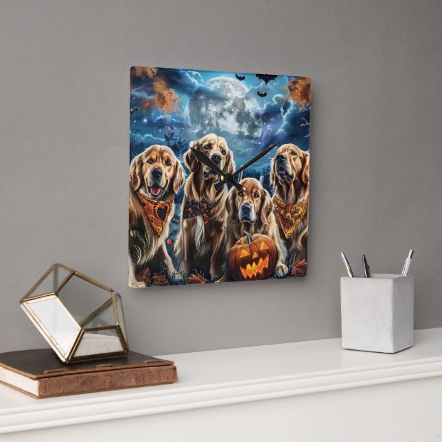 Golden Retriever Halloween Spooky  Square Wall Clock (Office)