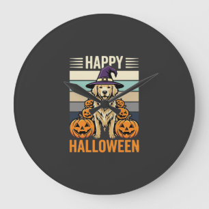 Golden Retriever Halloween Vintage Pumpkin Design Large Clock