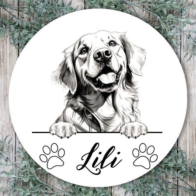 Golden Retriever Hand Drawing Personalised Classic Round Sticker (Creator Uploaded)