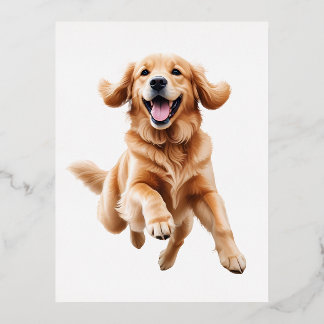 Golden Retriever Happy Playful Fun Jumping In Air Foil Holiday Postcard