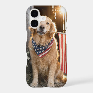 Golden Retriever Holding an American Flag
