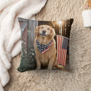 Golden Retriever Holding an American Flag Cushion