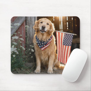 Golden Retriever Holding an American Flag Mouse Pad