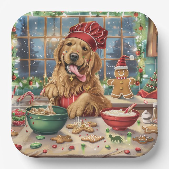Golden Retriever Holiday Baking: Festive Christmas Paper Plate (Front)