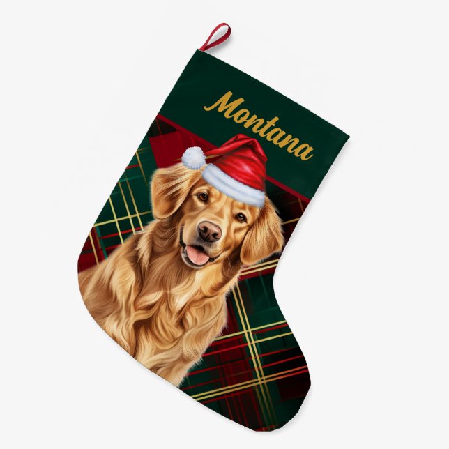 Golden Retriever Holiday Plaid and Dogs Name Large Christmas Stocking (Front (Hanging))