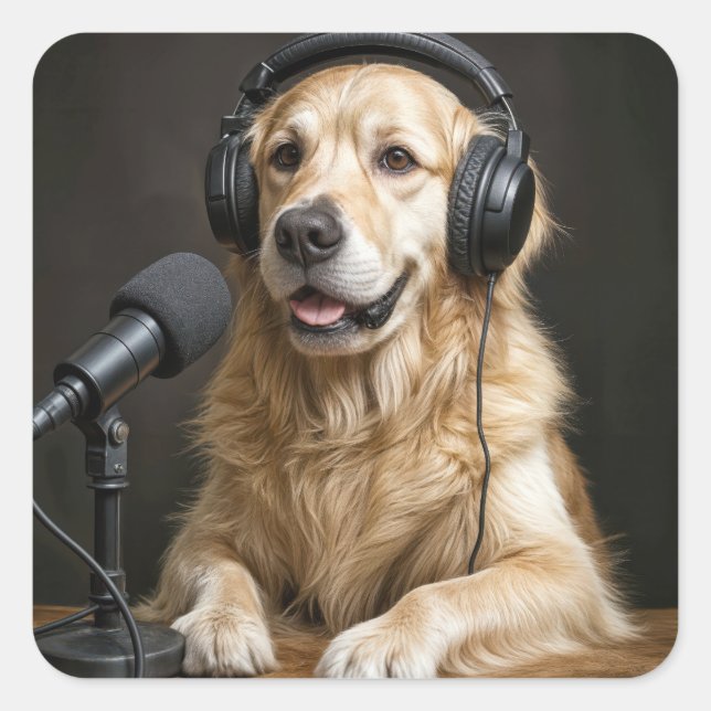 Golden Retriever Hosting a Podcast Square Sticker (Front)