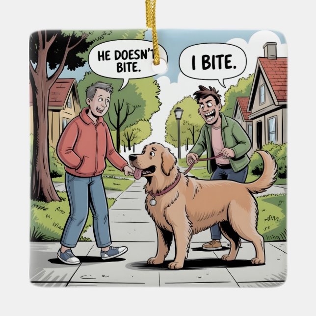 Golden Retriever I Bite Funny Cartoon Ceramic Ornament (Front)