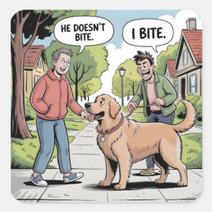Golden Retriever I Bite Funny Cartoon Square Sticker