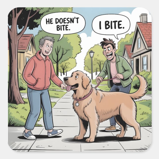 Golden Retriever I Bite Funny Cartoon Square Sticker (Front)