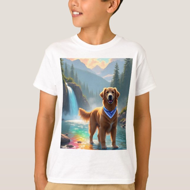Golden Retriever in a Fantasy Rainbow River T-Shirt (Front)