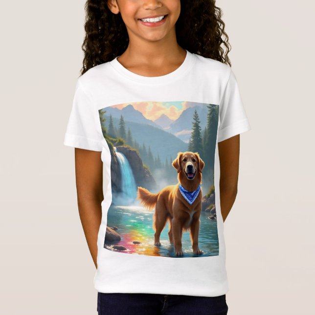 Golden Retriever in a Fantasy Rainbow River T-Shirt (Front)