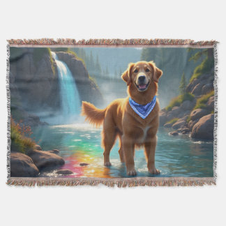 Golden Retriever in a Fantasy Rainbow River Throw Blanket
