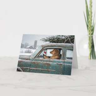 Golden Retriever in a Retro Car with Pine Tree Card