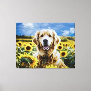 Golden Retriever in a Sunflower Field Canvas Print