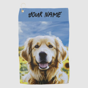 Golden Retriever in a Sunflower Field Golf Towel