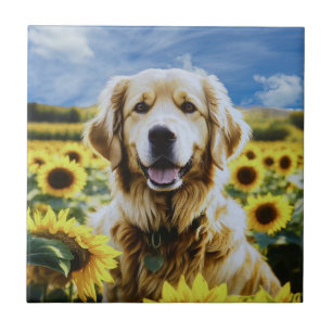 Golden Retriever in a Sunflower Field Tile