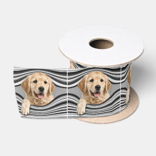 Golden Retriever in Abstract Striped Hole Satin Ribbon