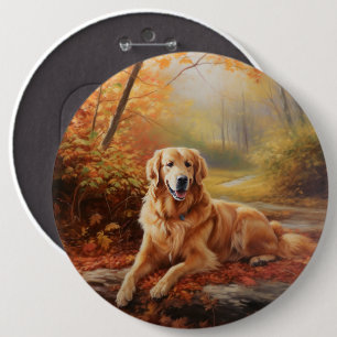 Golden Retriever in Autumn Leaves Fall Inspire  6 Cm Round Badge