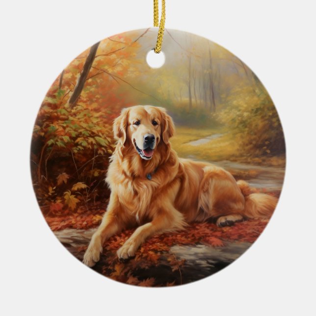 Golden Retriever in Autumn Leaves Fall Inspire  Ceramic Tree Decoration (Front)