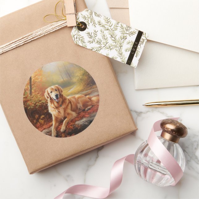 Golden Retriever in Autumn Leaves Fall Inspire  Classic Round Sticker (Gifting)