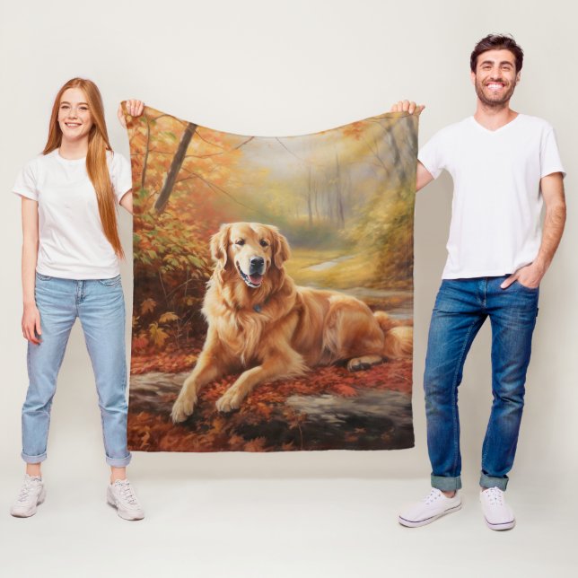 Golden Retriever in Autumn Leaves Fall Inspire  Fleece Blanket (In Situ)