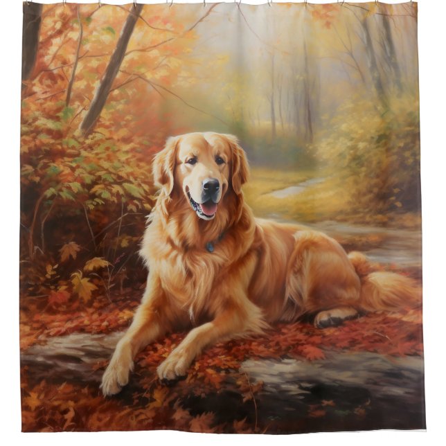 Golden Retriever in Autumn Leaves Fall Inspire  Shower Curtain (Front)