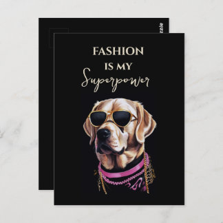 Golden retriever in black glasses in gold chains postcard