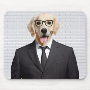 golden retriever in business suit mouse pad