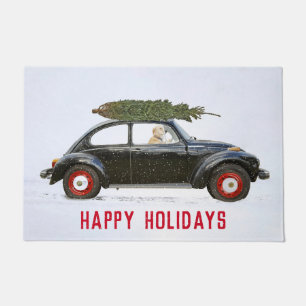 Golden Retriever In Car with Christmas Tree Doorma Doormat