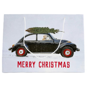 Golden Retriever In Car with Christmas Tree Large Large Gift Bag