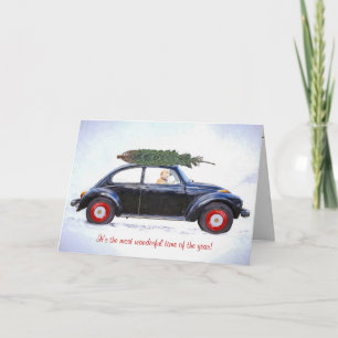 Golden Retriever in car with holiday tree Card