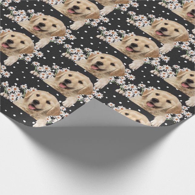 Golden Retriever in daisies on polka dot Wrapping Paper (Corner)
